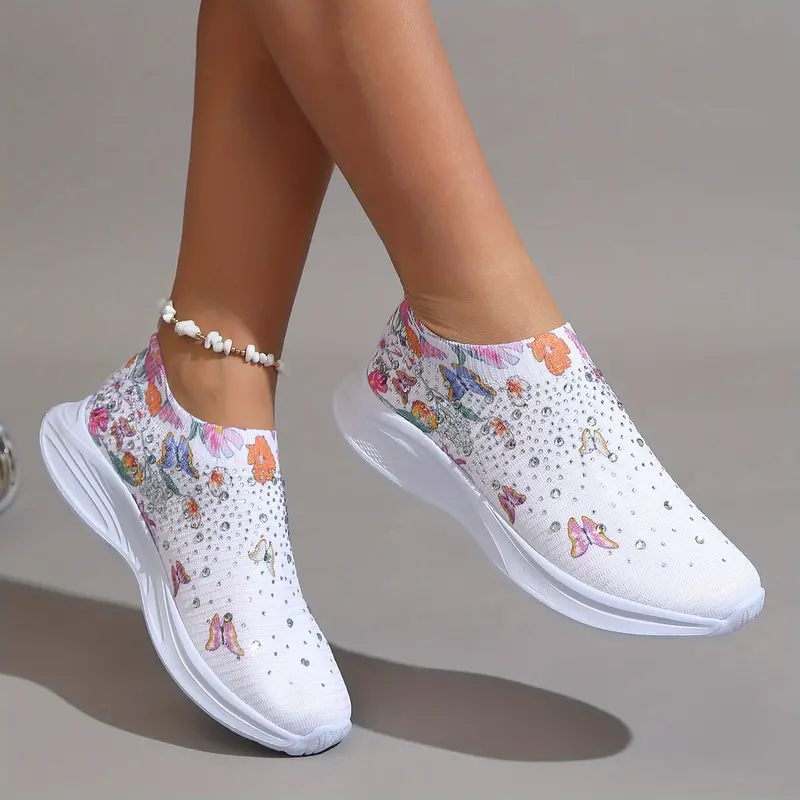 tênis feminino com detalhes de strass, estampa floral - branco